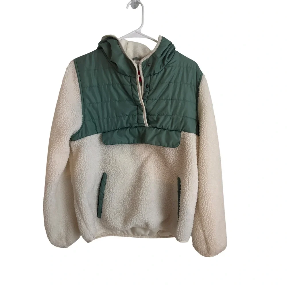 London Fog Kids Sherpa Fleece Quilted Pullover Hoodie Green Cream L 14-16
